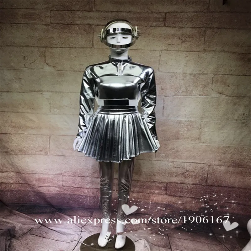 Commercial Performance Silver Color Coverall Costume DS DJ Dance Team Party Space Suit With Helmet Nightclub Bar Stage Costume