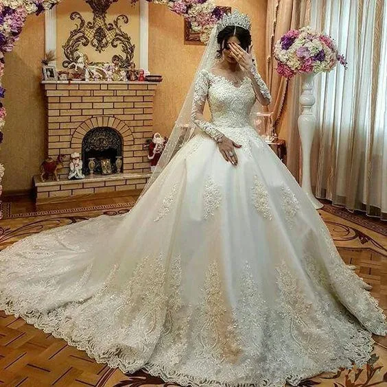 Vestido De Novia De manga larga De encaje, bola gótica, boda, corte, tren, abalorios De Apliques De encaje, 2020