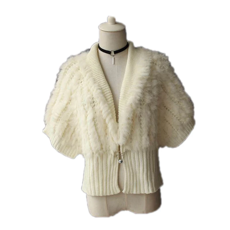 

Autumn Winter Women's Real Knitted Rabbit Fur Cardigan Poncho Bat Sleeved Wraps Lady Capes Female Stole VF5020