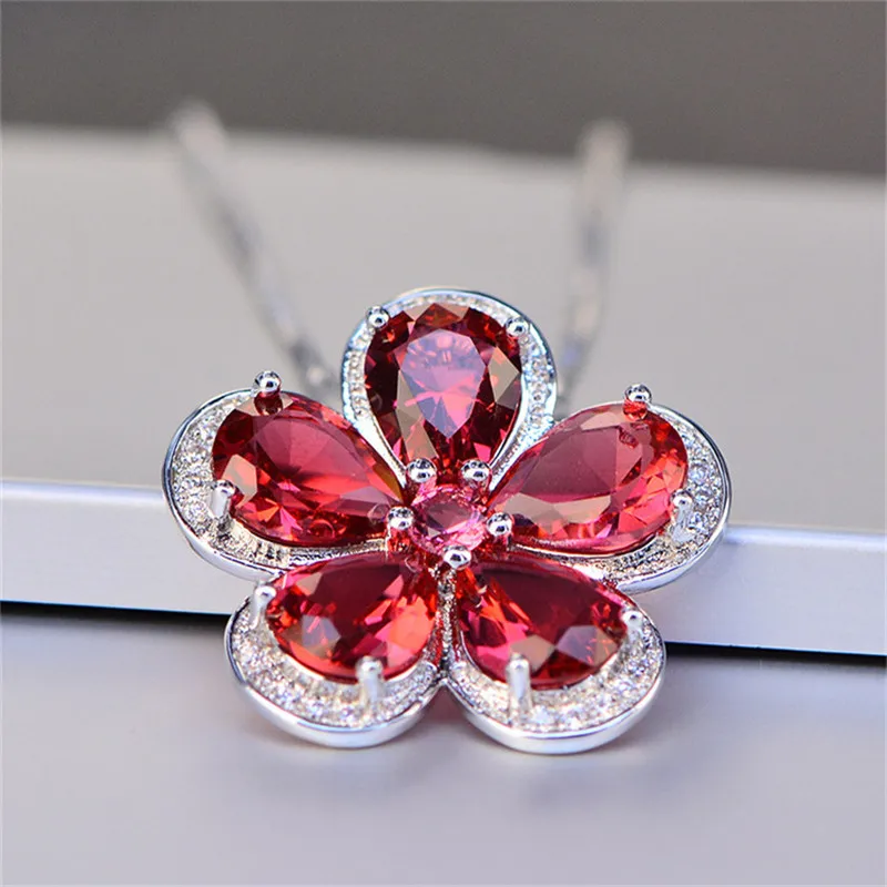 

S925 Sterling Luxury Necklaces Pendant For Women Created Ruby Vintage Flower Necklace Temperament Fine Jewelry Colar Accessories