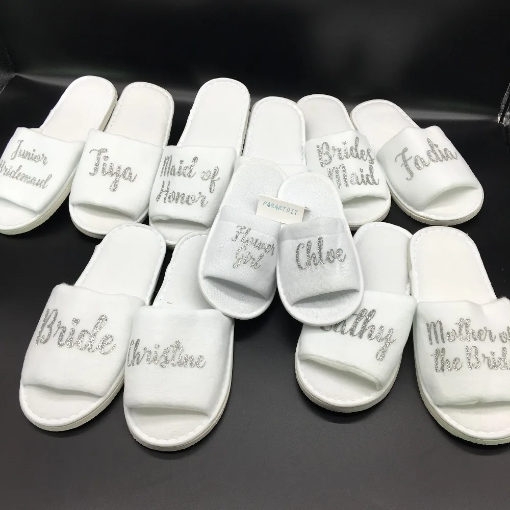 personalized silver glitter wedding bridesmaid bride spa slippers Matron of honor Flower Girl night Bachelorette party favors