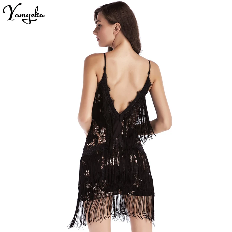 Sexy vintage black tassel sequin summer dress women backless club party dresses 2025 woman evening prom short dresses vestidos