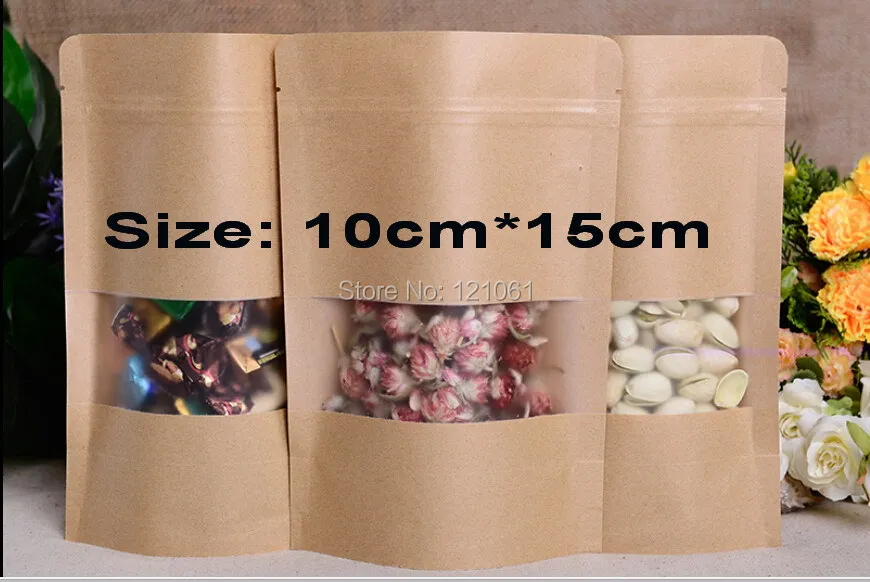 10*15cm,100pcs/lot,Stand-up Kraft Paper Bag with Window ,Kraft Zipper Paper Bag,Kraft Paper Bag