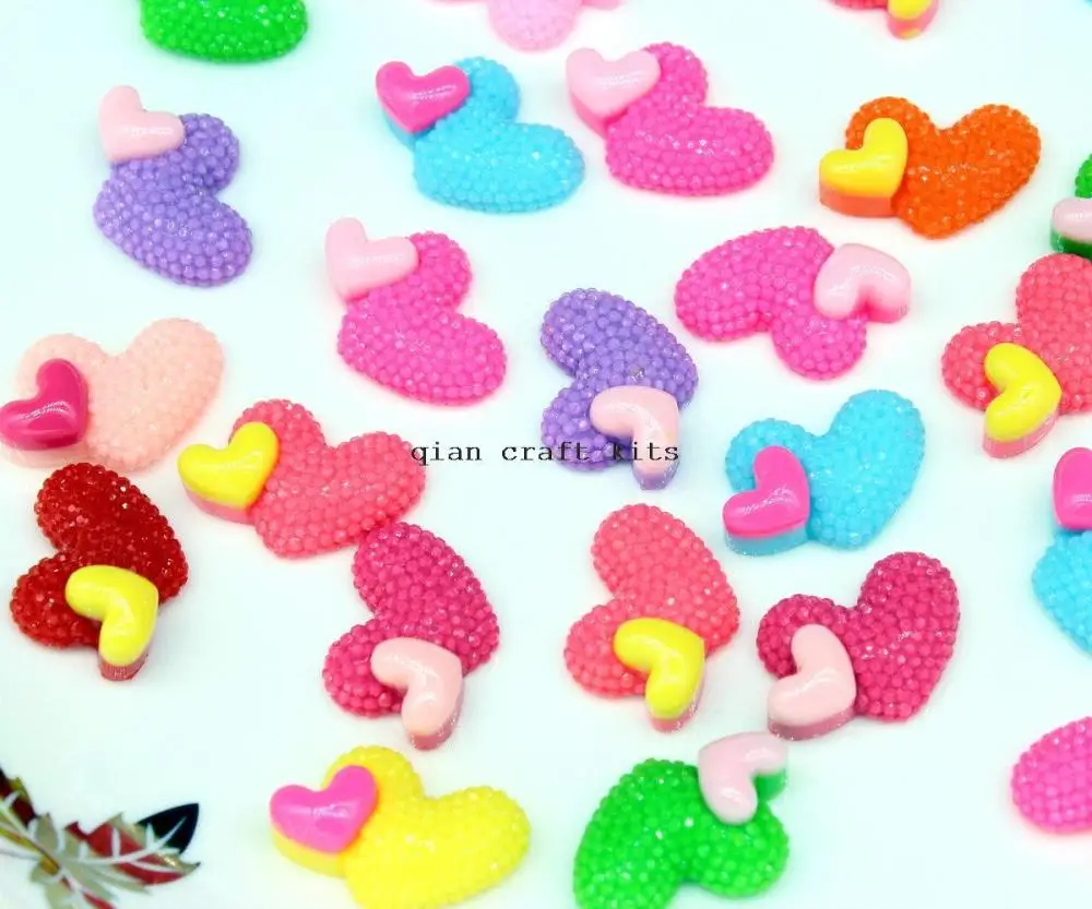 250pcs shiny DOUBLE HEART Decoden Kawaii Flatback Resin Cabochons 24mm Pendant embellishment Charms