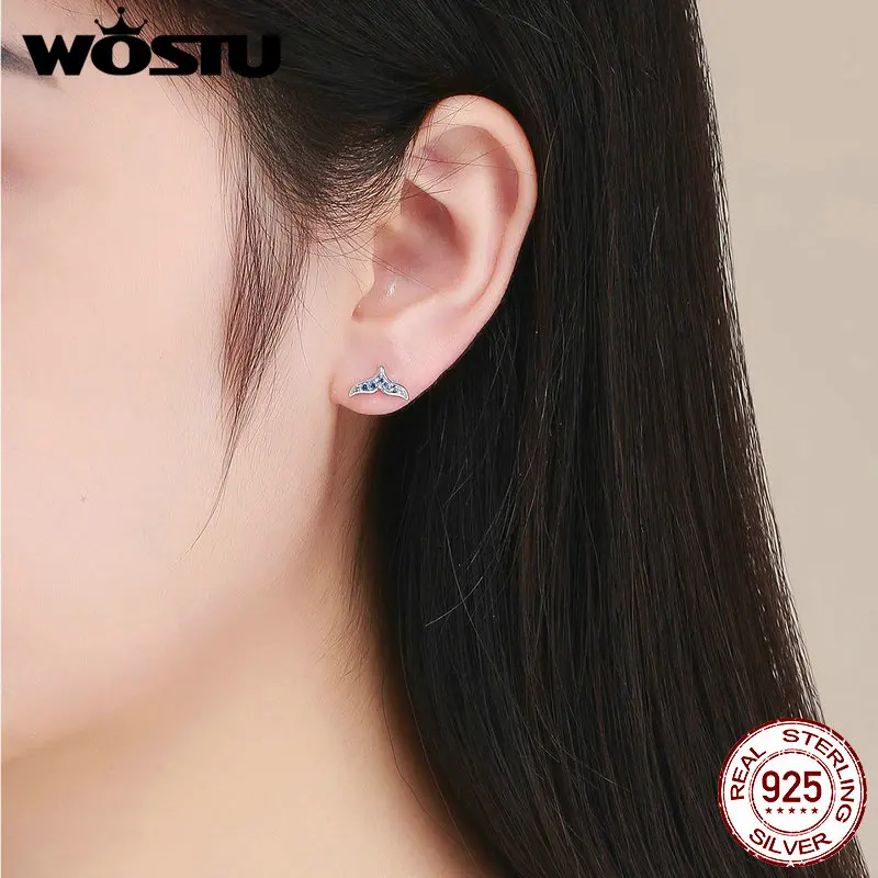 WOSTU Mermaid Tail Fishtail Stud Earrings 925 Sterling Silver Blue Zircon Tiny Earrings For Women Girls Lovely Jewelry FNE058