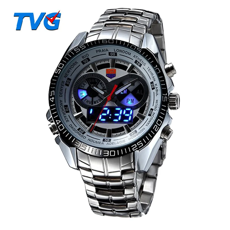 Hot TVG Male Sports Watch Men Full Stainless Steel Waterproof Quartz-watch Digital Led Analog Dual Display Men\'s Wrist Watches