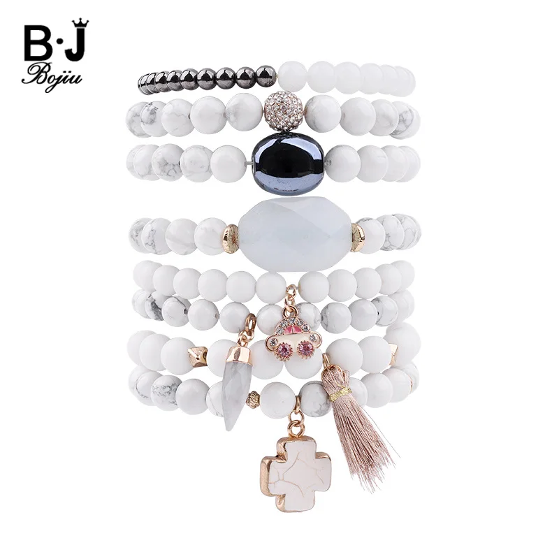 BOJIU Natural Stone Bracelet For Women Bohemia White Howlite Quartz Nugget Black Hematite Bead Charm Bracelet Jewelry Gift BC250