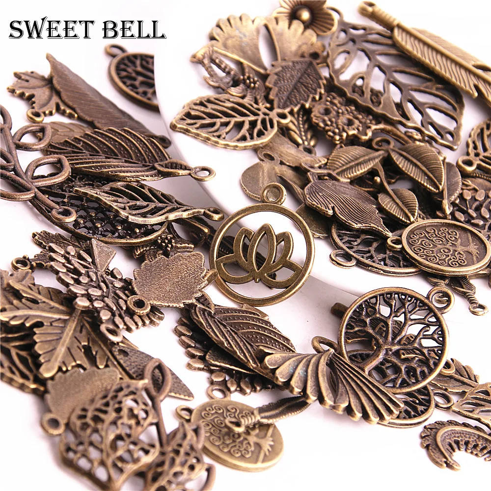 SWEET BELL 100pcs Vintage Metal Mix Tree Charms Fashion Retro Mixed Leaf Pendant Diy Handmade Charms for Jewelry Making