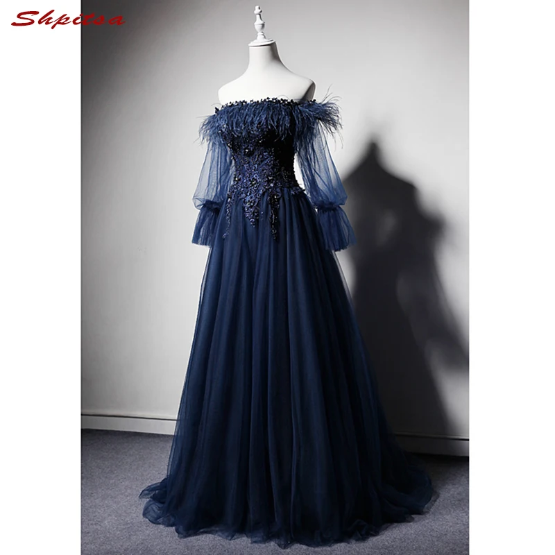 Navy Blue Long Sleeve Lace Evening Dresses Party Off Shouler A Line Beautiful Ladies Women Prom Formal Evening Gowns Dresses