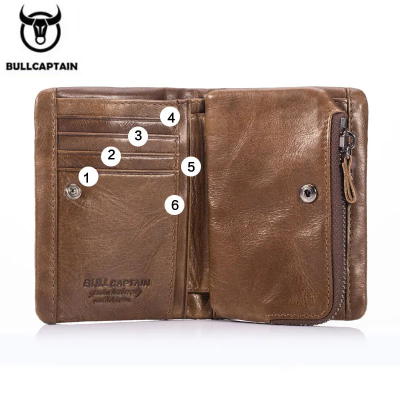 Bullcaptain Cow Genuine Leather Casual Men Short Wallet Coin Pocket Trifold Zipper Male Money Purse Credit Card Holder JYB011