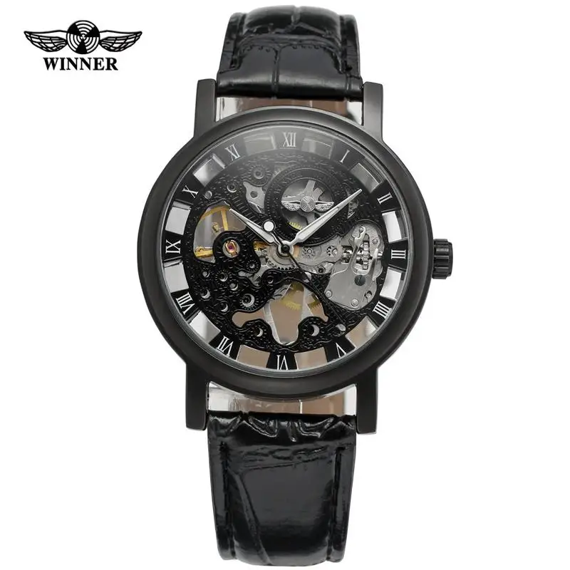 2023 Fashion Luxury Golden Transparent Casual Design Brown Leather Clock WINNER Top Brand Mens Luxury Mechanical Skeleton Watch