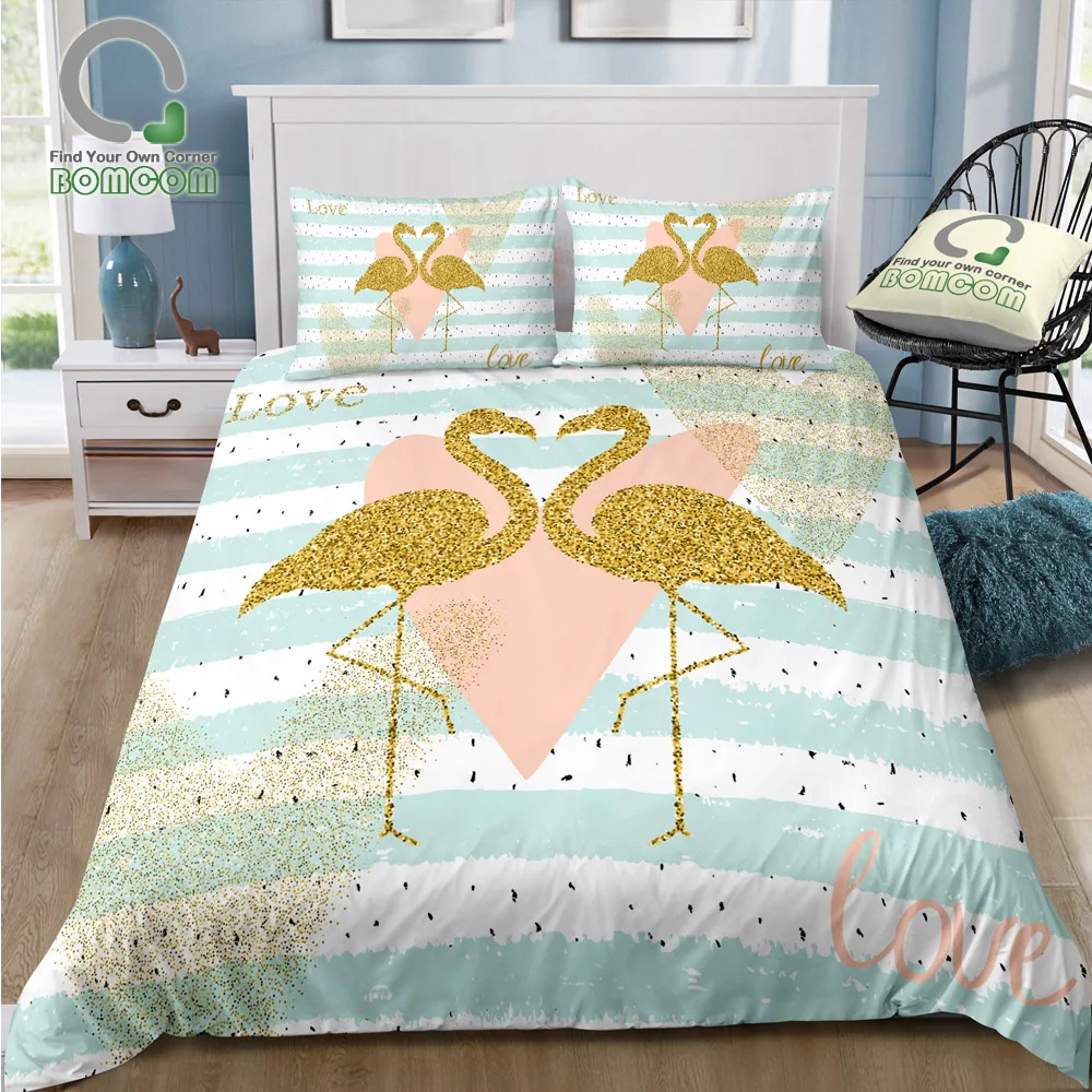 BOMCOM 3D Digital Printing Bedding Set Gold Glitter Flamingo Couple Hearts on striped 3-Piece Duvet Cover Sets 100% Microfiber