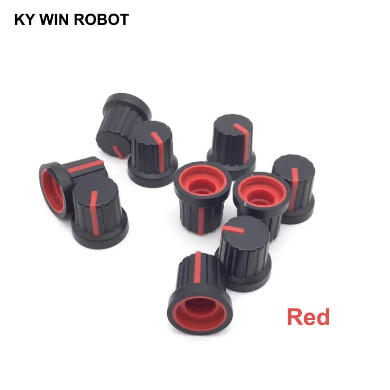 New 10 Pcs Red 6mm Shaft Hole Dia Plastic Threaded Knurled Potentiometer Knobs Caps