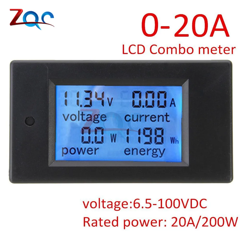 Digital LCD Display Voltmeter Ammeter Wattmeter Power Meter DC 6.5 -100V 0 -20A 0 -20000W Voltage Current Power Energy Tester