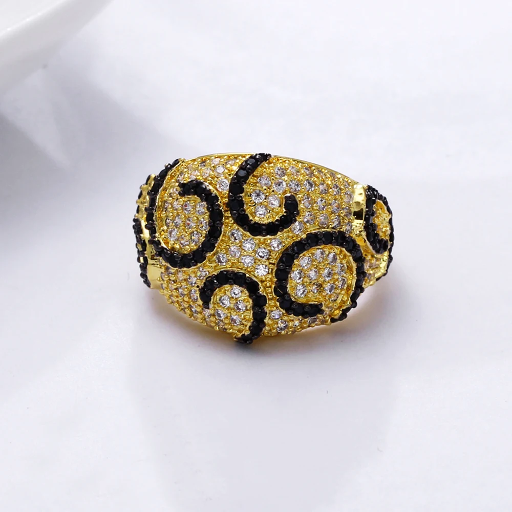 

Designer High Quality Black CZ Crystal Gold Color Ring Jewelry Trendy Wholesale Supplies New Fashionable Finger Ring