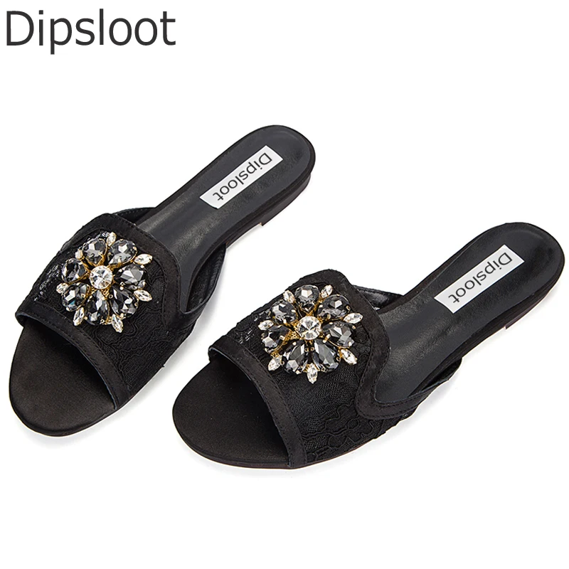 Girl's Glitter Gem Rhinestone Flower Floral Lace Slipper Sandals Peep Toe Flats Leisure Crystal Lace Slide Shoes for Ladies