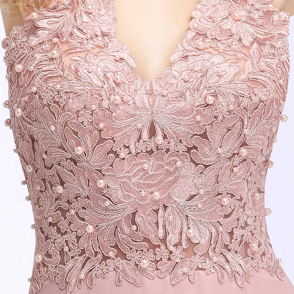 FATAPAESE – robe de soirée longue rose en dentelle, col en V, Sexy, avec des Appliques florales, avec des perles, dos nu, robe de soirée formelle, robe de demoiselle d'honneur