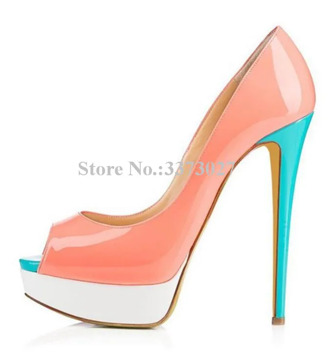 

Lady Peep Toe Patent Leather High Heels Platform Sandals Women Mixed Color Thin Heel Stiletto Pumps Single Shoes Dress Sandals