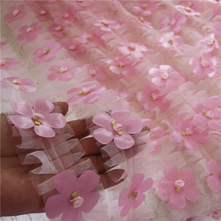 LASUI 3 meters=1 lot High grade White Pink 3D flower lace trim Chiffon DIY Skirt dress doll Sewing Craft For  Decoration 0333