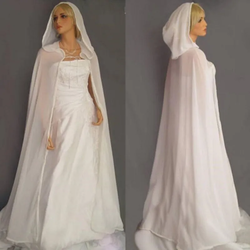 Simples nova jaqueta de casamento até o chão branco/marfim mulheres xale chiffon capa de casamento longo com capuz capas de noiva jaquetas