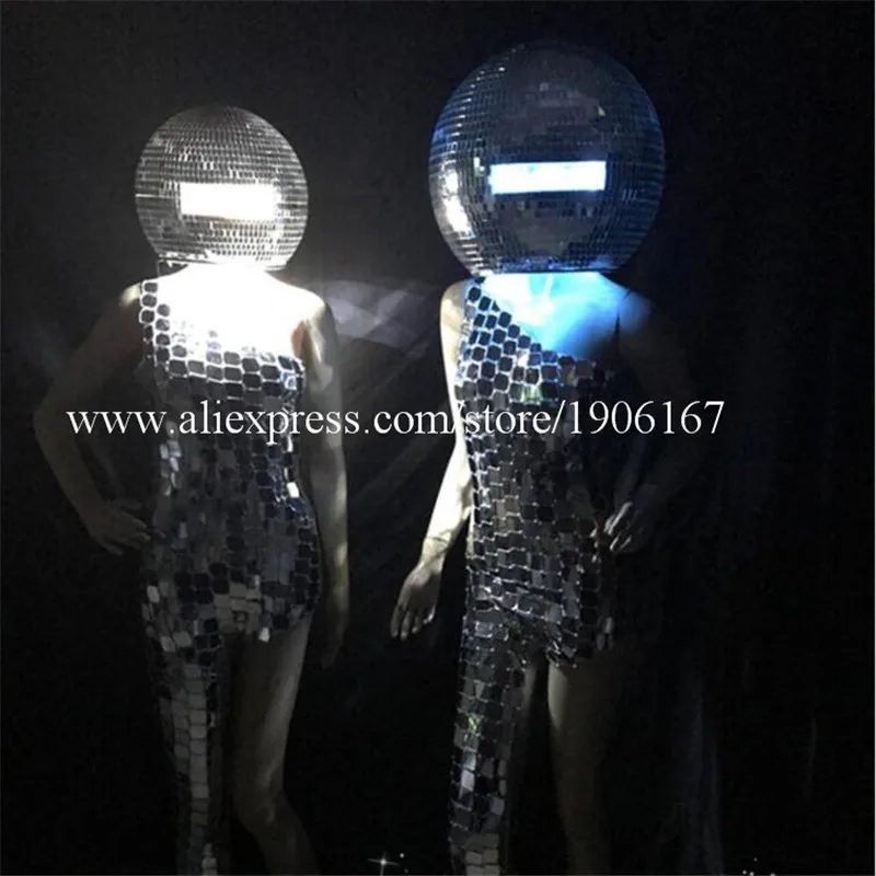 Ballroom Dance Silver Costumes Led DJ Mirror Ball Event Dress DS Disco Catwalk Bar Performance Wears Models Party Mirror Helmet