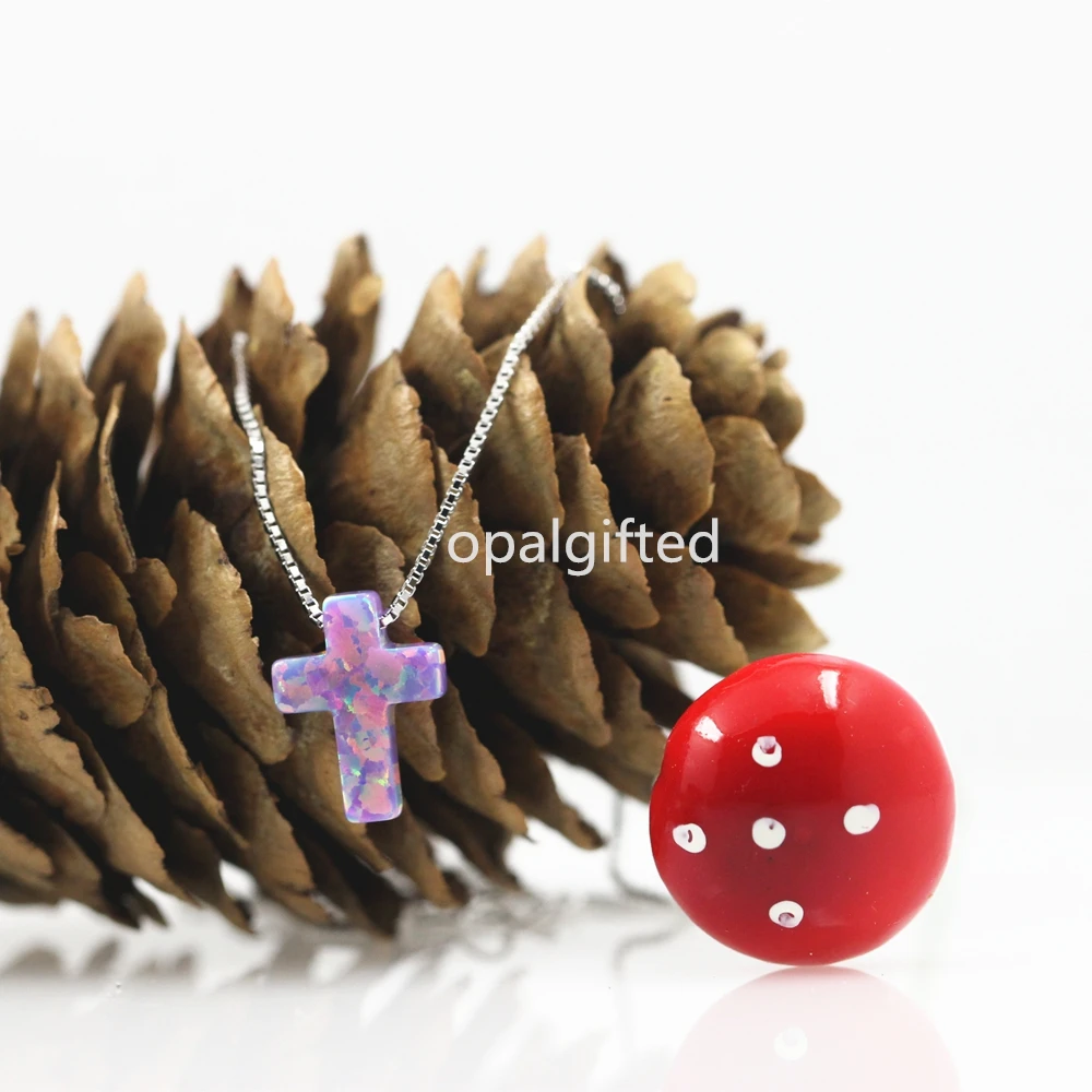 (1pc/lot)Fashion 9*12mm Synthetic light purple op38 Opal cross pendant S925 Silver Necklace Trendy opal cross necklace for gift