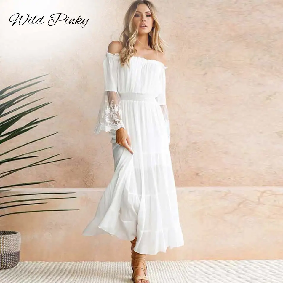 WildPinky Summer Sundress Women White Beach Dress Strapless Long Sleeve Loose Sexy Off Shoulder Lace Boho Chiffon Maxi Dress