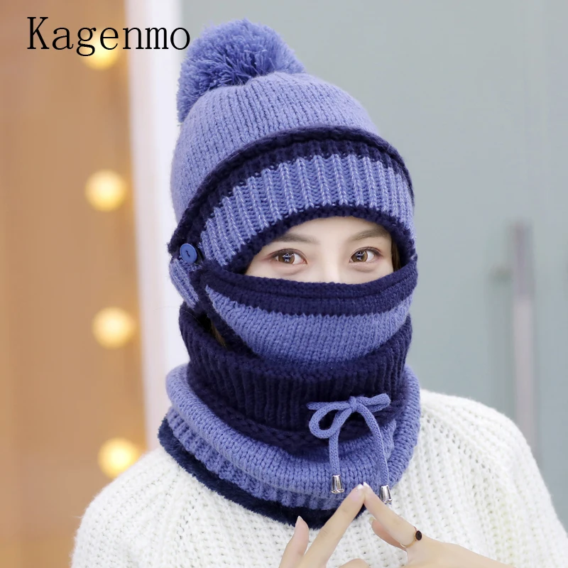 Kangemo Warme Winter Frauen Kappe Schal Maske Outdoor Ear Gesicht Hals Warm Sets Mode Dicker Baumwolle Hut Thermische Schals