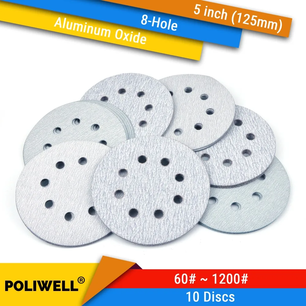 10PCS 5 Inch(125mm) 8-Hole Hook&Loop White Dry Sanding Discs for Woodworking Dremel Grinder Power Tools Polishing Accessories