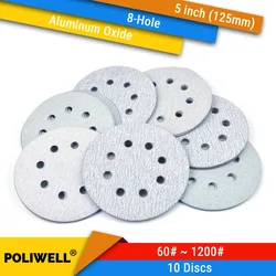 10 pces 5 Polegada (125mm) 8 furos gancho & loop branco seco discos de lixamento para carpintaria dremel moedor ferramentas elétricas polimento acessórios