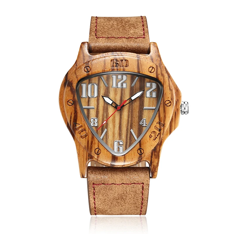 Reloj de madera minimalista para hombre, pulsera de cuarzo, con correa de cuero natural, estilo triangular, Retro