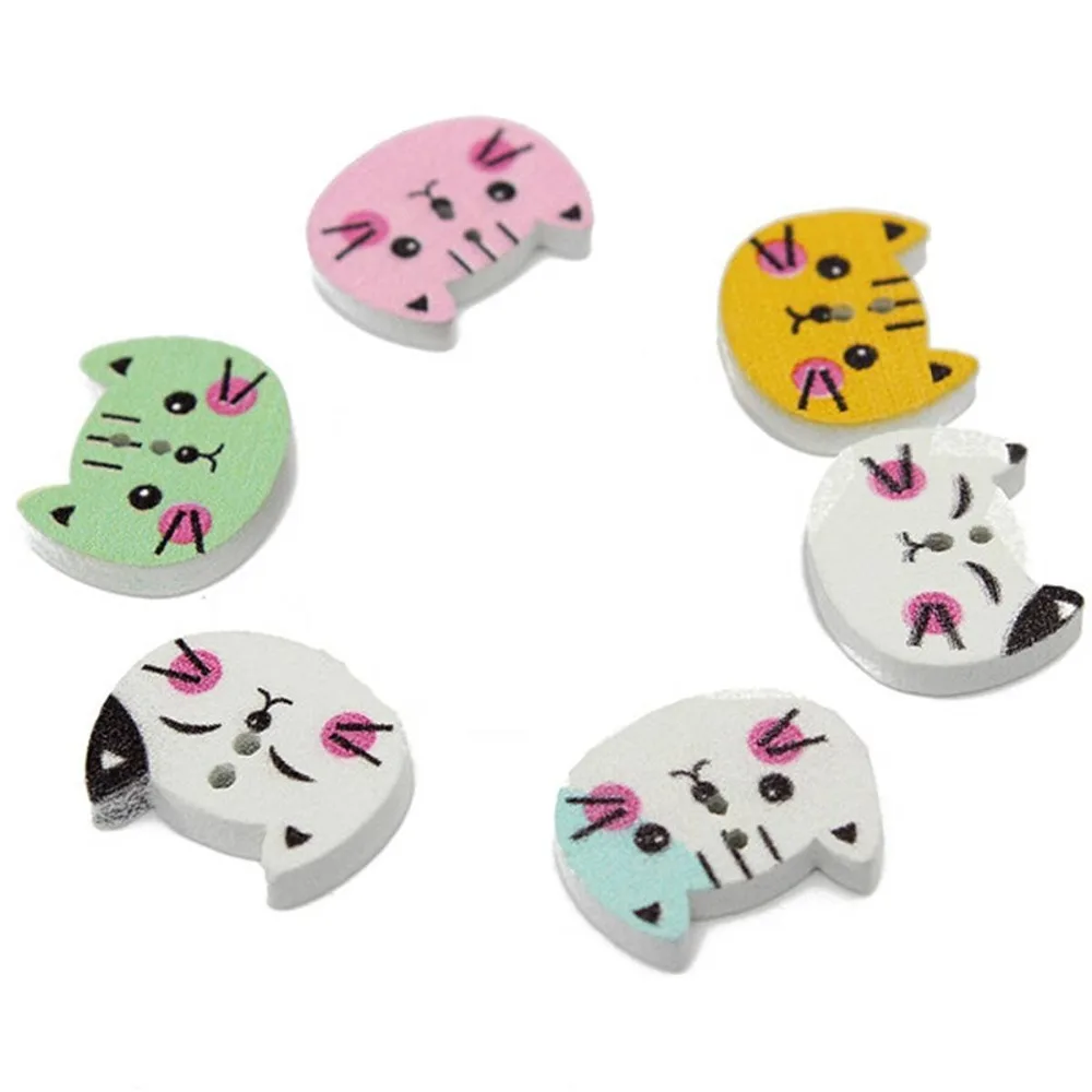 100pcs Animal Cat Wooden Button Sewing Scrapbooking DIY Craft Colorful 2 Holes 7NK155