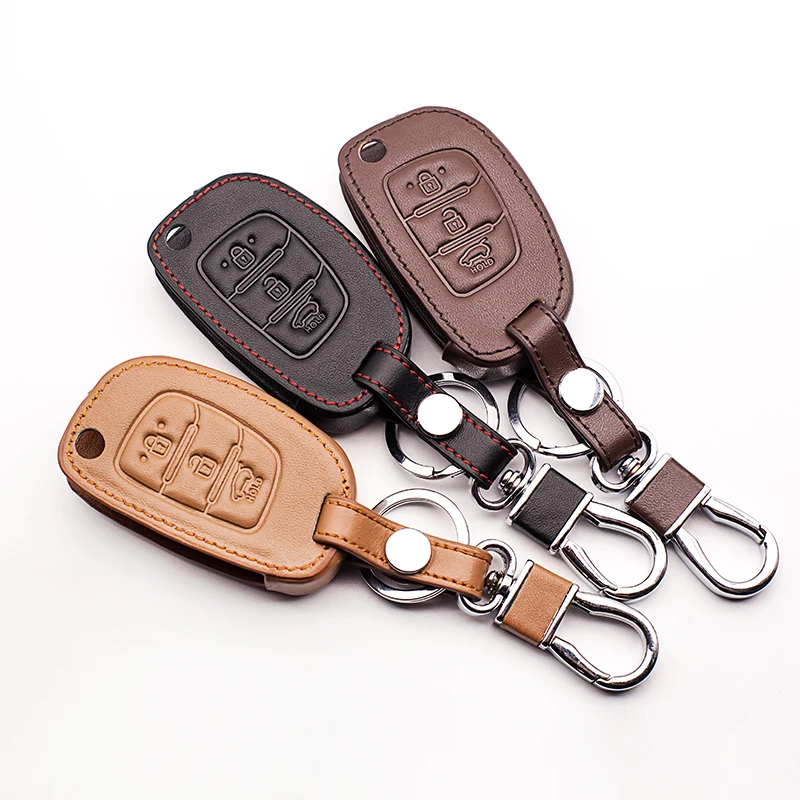 New Genuine Leather Car Key Cover For Hyundai TUCSON Solaris 8 IX35 Santa Fe,3 Button Fold Key  Car Keys Accessories