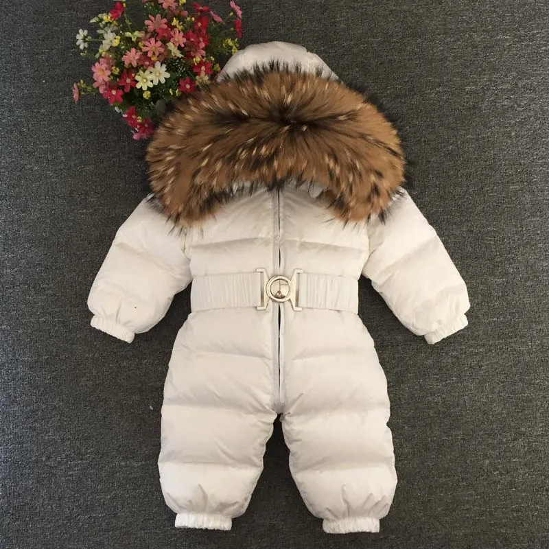 Inverno russo meninos meninas 1-5y macacão de inverno do bebê macacão pato para baixo macacão gola de pele real crianças outerwear crianças snowsuit