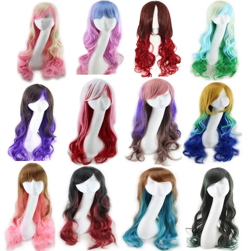 

Harajuku Lolita Blue Pink Ombre Hair Wigs For Women Cheap Anime Cosplay Long Wavy Synthetic Wig With Bangs For Costume Party