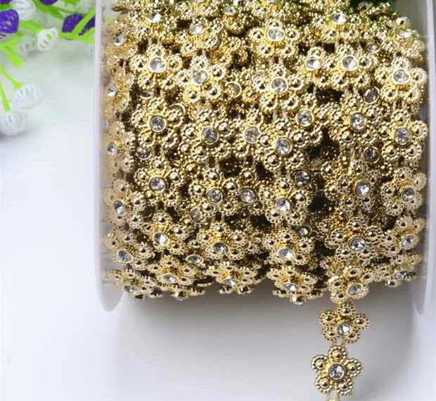 5 Yards/Lot Gold Rhinestone Flower Chain Resin Crystal Sewing Lace Beaded Plastic Base Trimming For Shoes Bag Clothes Decoration