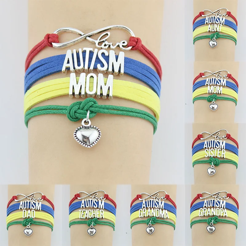 10PC/Lot Infinity Love AUTISM MOM Dad Sister Grandma Aunt Teacher Awareness Heart Charm bracelet wristband friendship Bracelets