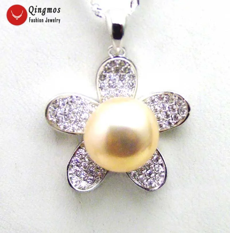 

Qingmos 24mm Flower Sterling Silver 925 Pendant Necklace for Women with 11-13mm Pink Flat Round Pearl Pendant 16" Silver Chain