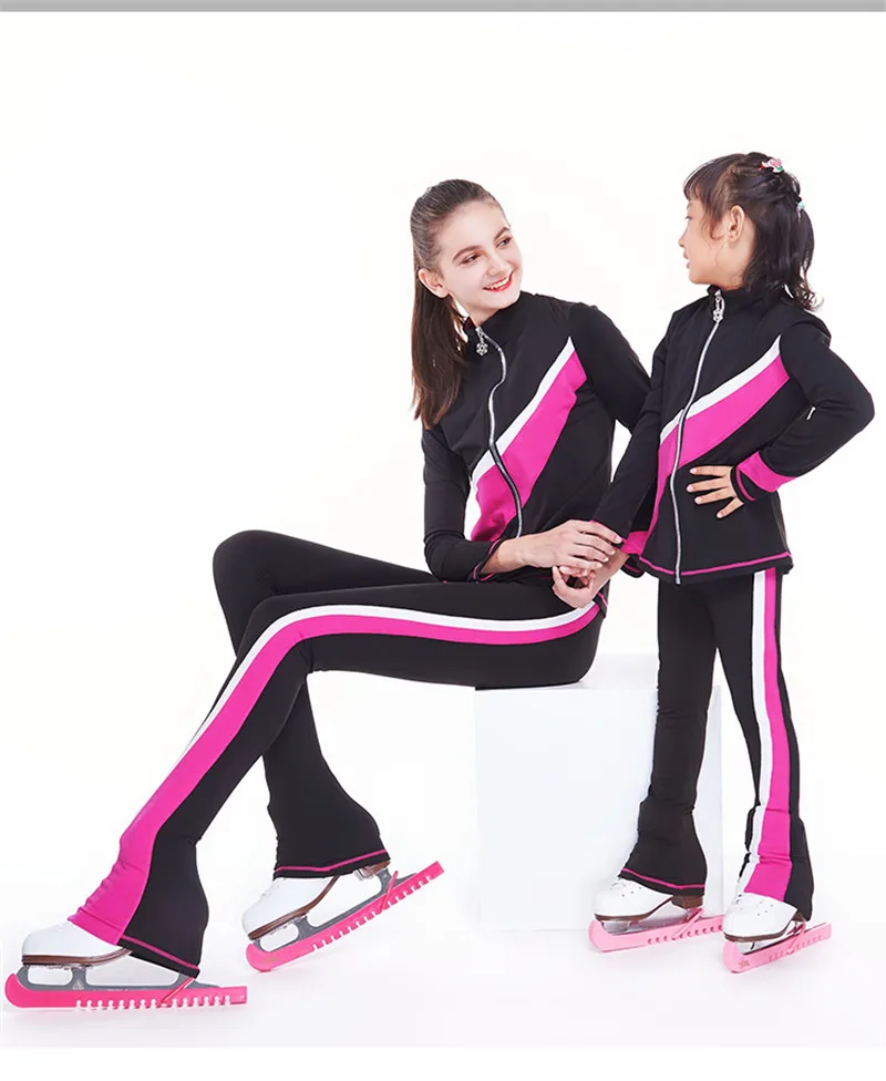 Customized Figure Skating Suits Jacket and Pants Long Trousers for Girl Women Training Ice Skating Warm Rainbow stripe pattern