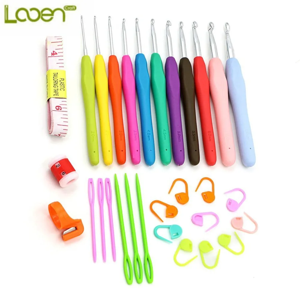 Looen 30 pcs Crochet Hooks Yarn Knitting Needles Sewing Tools Set 11 Crochet Hooks 2~ 8 mm with Comfort Soft Rubber Grip