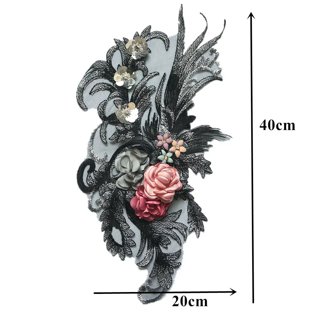 40CM Black Fabric 3D Flowers Roses Rhinestone Sequins Appliques Lace Trims Embroidery Mesh Sew On Patches For Wedding Decoration image 3
