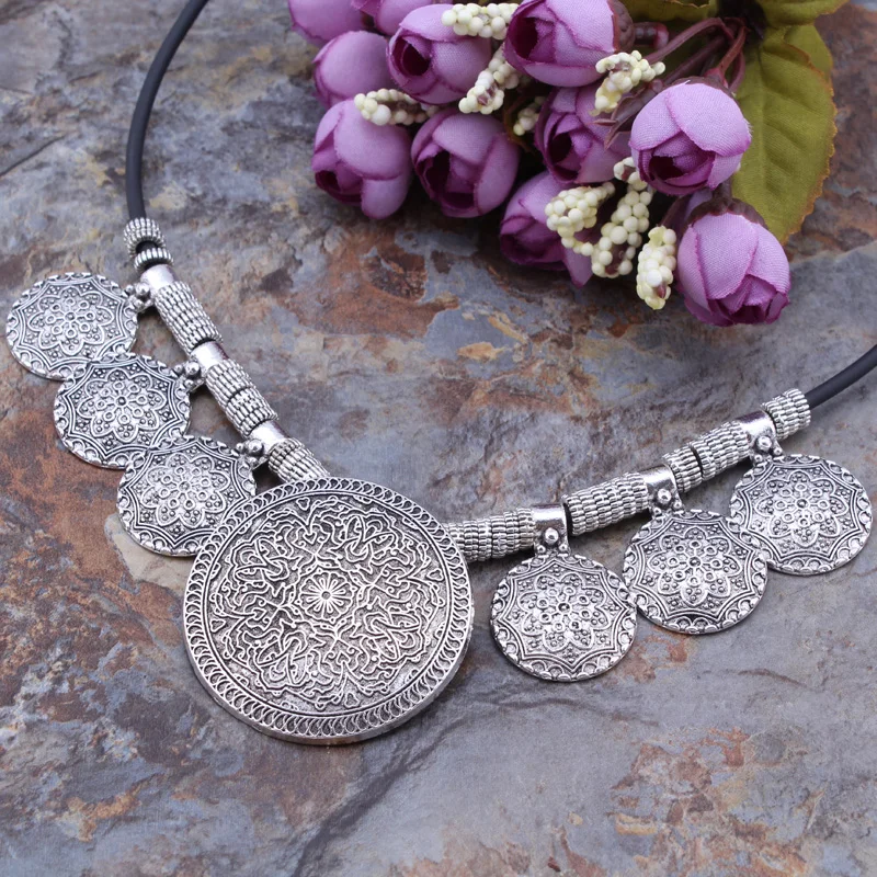 Statement Ethnic Vintage Tibetan Silver Color Necklaces Coin Carved Flowers Round Tassels Pendants Necklaces For Women