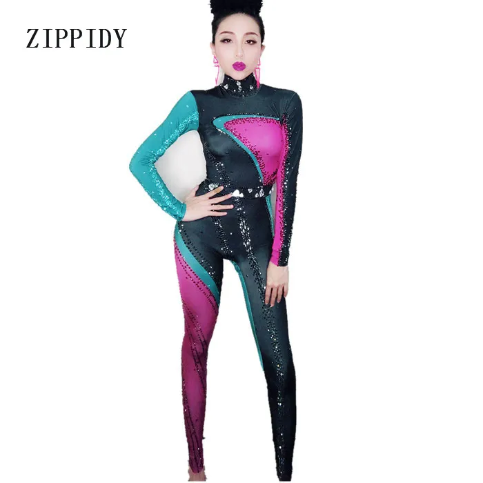 Colorful Rhinestones Jumpsuit Long Sleeves Big Stretch Sexy Bodysuit Nightclub Party Dress Costume One-piece Dance Leggings