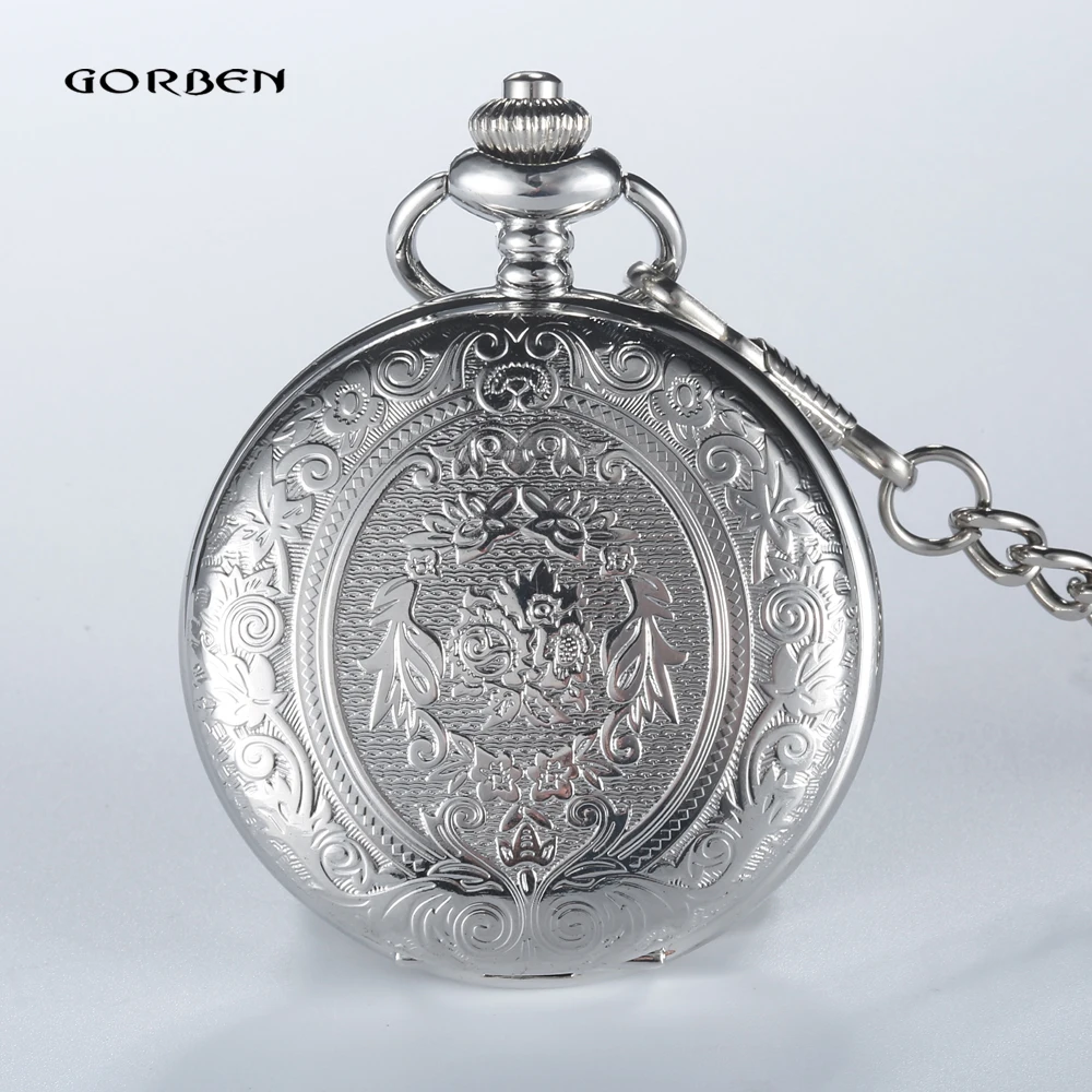 2023 New Arrival GORBEN Pocket Watch Steampunk Silver Men Women Analog Quartz Pocket Watches Round Case Fob Chain Necklace