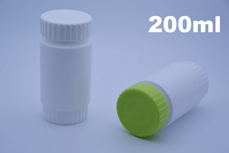 100pcs 200ml White Color HDPE Child-proof Bottles,Capsules/Pills/Powder/Vitamin Plastic Bottles--Green/White Color Gear Caps