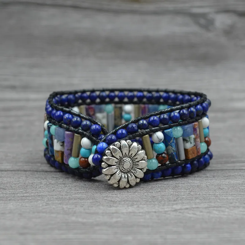 Boho Style Men and Women Mixed Natural Stone 3 Row Sunflower Button DIY Handmade Adjustable Leather Bracelet Jewelry