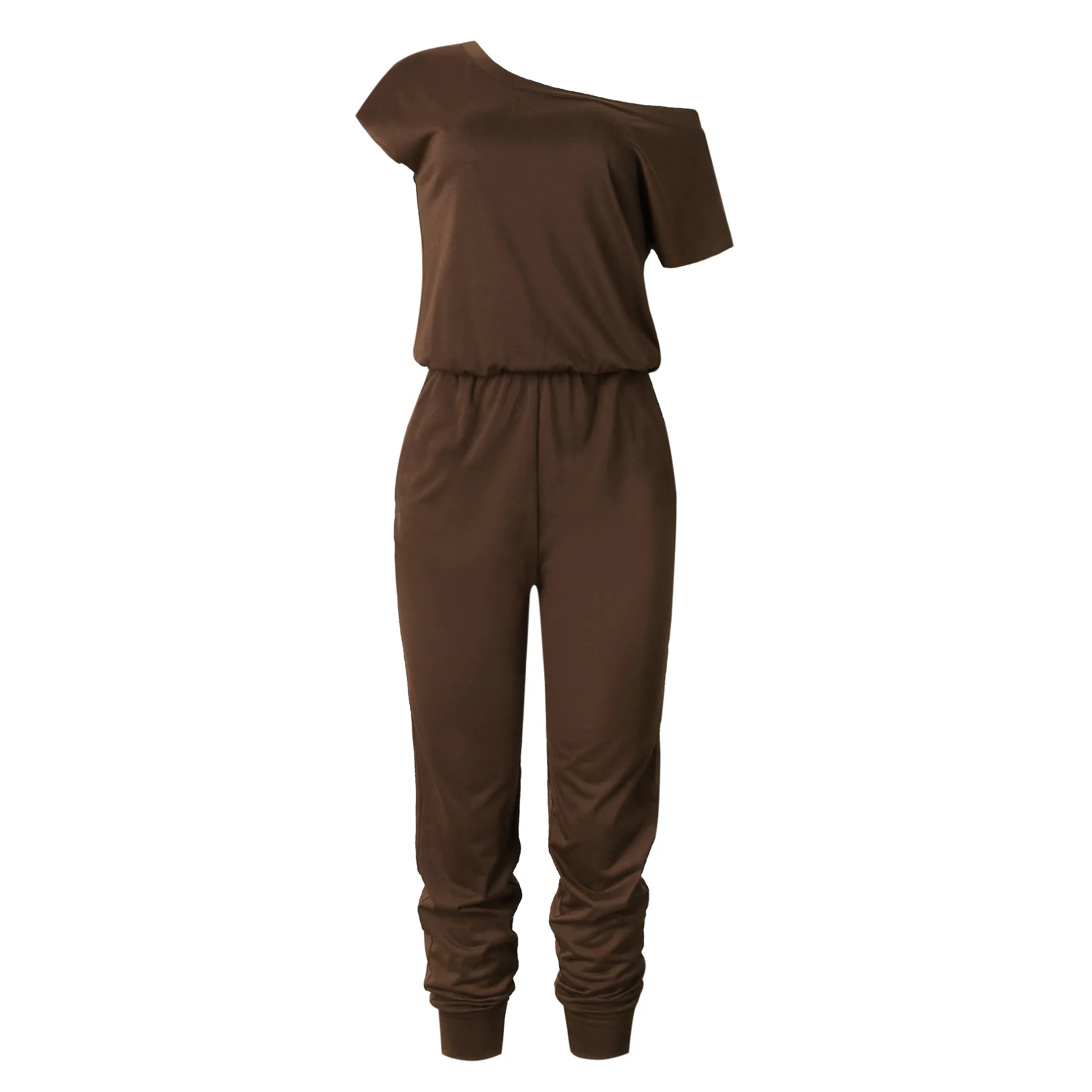 Spring Summer Autumn Women Jumpsuit Sexy short Sleeve Jumpsuit Oblique collar pocket Casual Jumpsuit Solid night Jumpsuits