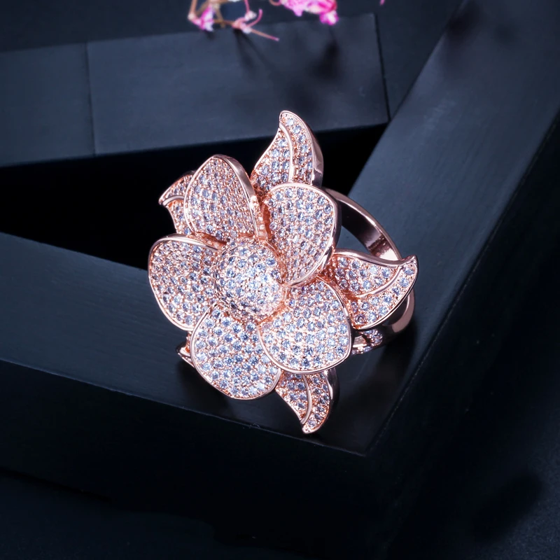 CWWZircons Luxury Flower Leaf Micro Pave Cubic Zirconia Stone Big Rose Gold Color Bridal Wedding Party Finger Rings Jewelry R124