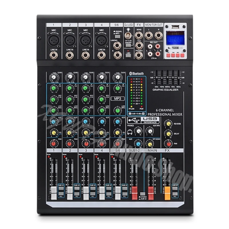 6 Channels Audio Mixer Professional DJ Mixing Console with Digital DSP Effects with Bluetooth USB +48V Phantom Power for Stage