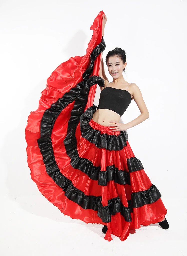 จัดส่งฟรีสเปนเต้นรําเครื่องแต่งกายสเปนประสิทธิภาพใช้ยิปซี robe de Flamenco กระโปรง Belly dance ชุดกระโปรงสีแดง